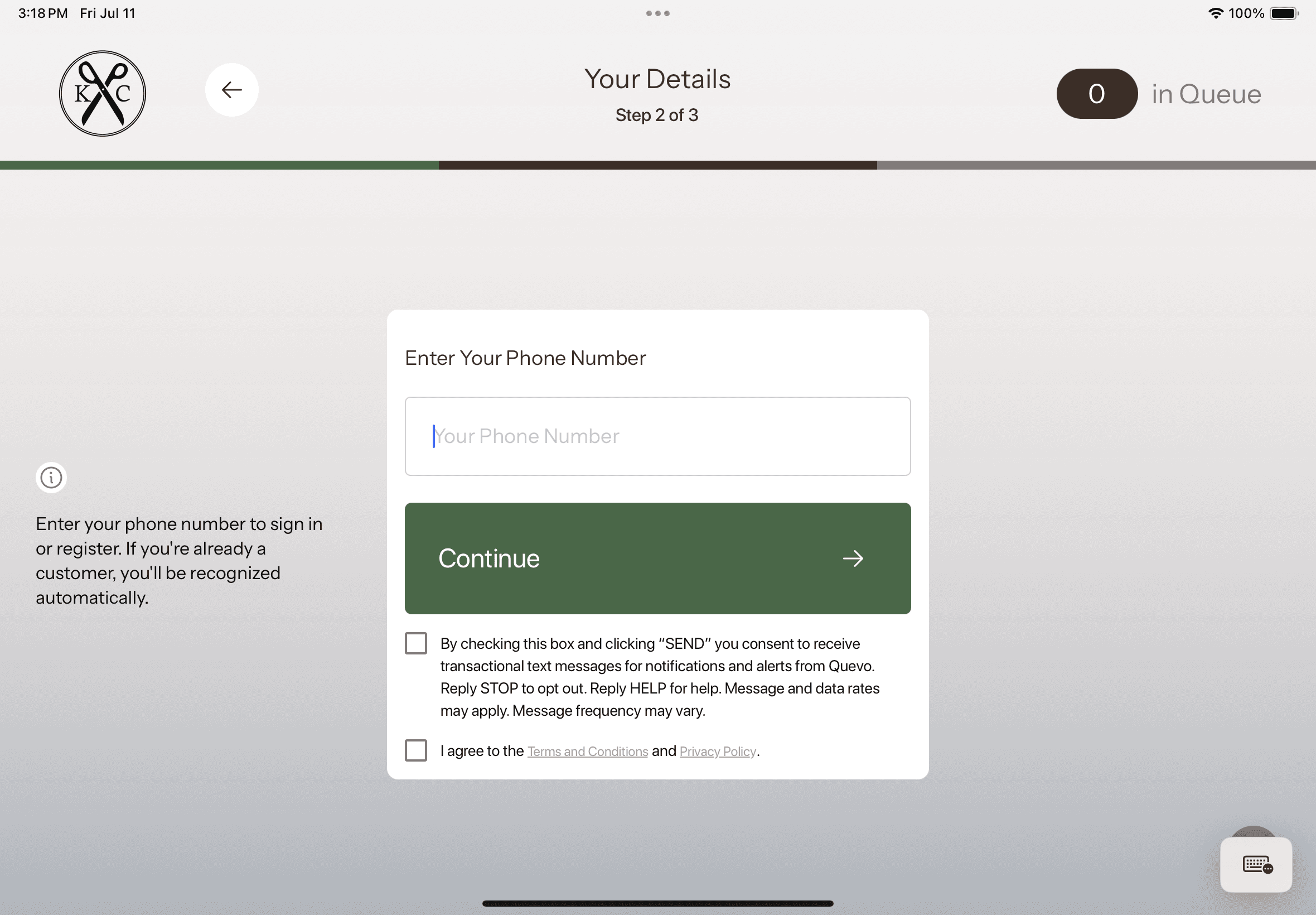 Quevo SMS Opt-in Screen